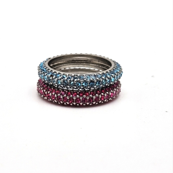 Set of Pink Red and Blue CZ Silver Matching Stackable Eternity Band Rings - Picture 2 of 10